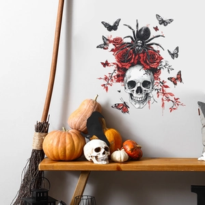 Halloween wall sticker with skull and red roses for gothic living room holiday decor
