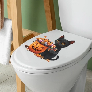 Halloween Toilettendeckel-Aufkleber mit süßer schwarzer Katze, Kürbis und Süßigkeiten