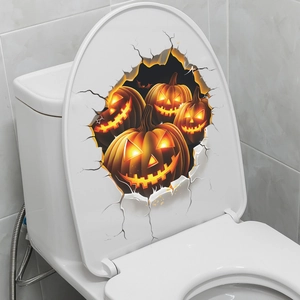 3D Halloween toilet lid sticker featuring glowing Jack-O-Lantern pumpkins with cracks