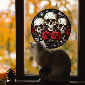 Halloween skull and red rose stained glass window cling for home holiday decoration