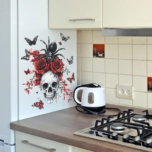 Gothic skull and red rose wall stickers with butterflies on a white refrigerator