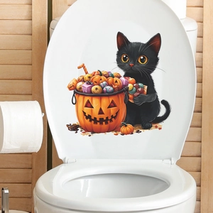 Halloween Cartoon Schwarze Katze Und Kürbis Süßigkeiten Toilettenaufkleber PVC Wasserdicht Abnehmbar Badezimmer Deko Aufkleber