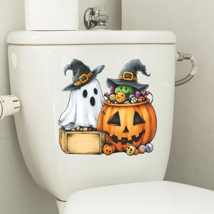 Halloween Cartoon Ghost Pumpkin Toilet Sticker Removable PVC Bathroom Wall Decal For Festival Home Decoration