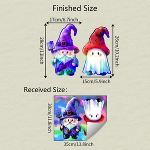 Detail of Halloween gnome and ghost stickers showing finished size and layout dimensions