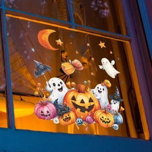 Halloween static window clings with cute pumpkin, ghost, and bat cartoons for home decor
