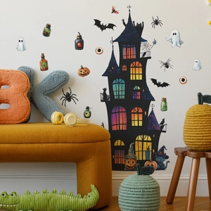 Halloween wall decals set with haunted castle, pumpkin and bat for home decoration