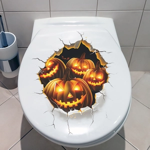 3D Halloween toilet lid sticker with spooky glowing jack-o'-lanterns and cracked effect