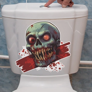 Scary zombie skull wall sticker with red eyes for Halloween bathroom decor