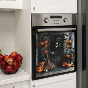 Halloween oven magnet cover featuring skeleton wizard with bats and glowing pumpkins
