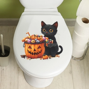 Cartoon Halloween Aufkleber mit schwarzer Katze und Kürbis auf dem Toilettendeckel
