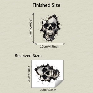 Detail view of 3D scary skull car sticker with finished and received size dimensions