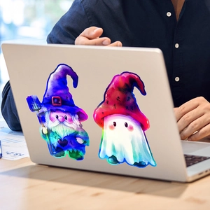 Halloween holographic laser gnome stickers with wizard and ghost patterns on laptop