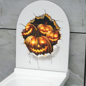 3D Halloween toilet seat sticker featuring a spooky glowing pumpkin lantern wall break