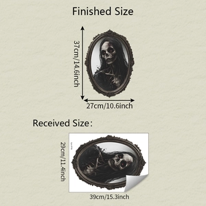 Detail showing spooky ghost mirror wall sticker dimensions for Halloween home decoration