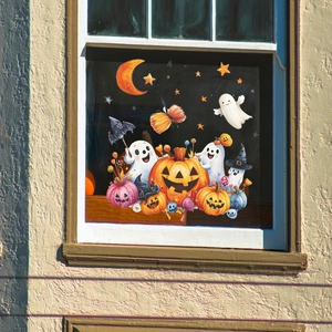 Halloween cartoon window clings featuring cute ghosts, pumpkins, bats and stars for home decor