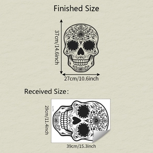 Size specifications for spooky skull wall decal with floral patterns and mandala motifs