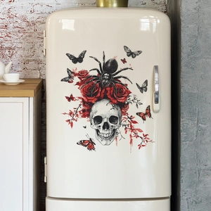 Gothic skull and red roses decorative wall sticker for Halloween home festive atmosphere