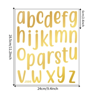 Detail view of matte gold lowercase letter stickers with size dimensions and dimensions 24x28cm