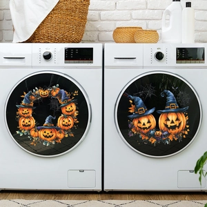 Halloween pumpkin laundry machine window clings with witch hats and autumn maple leaves