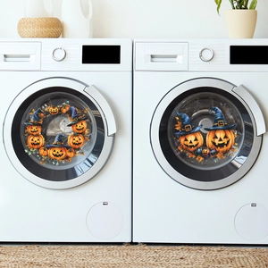 Halloween pumpkin decal for washing machine glass featuring maple leaves and spider webs