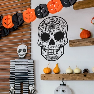 Halloween black sugar skull wall decal with floral patterns for living room decor
