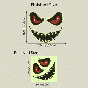 Detail showing Halloween wall sticker dimensions with glowing red devil eyes and teeth