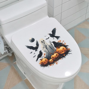 Halloween toilet lid sticker featuring ghost, pumpkin, and crow bathroom decor