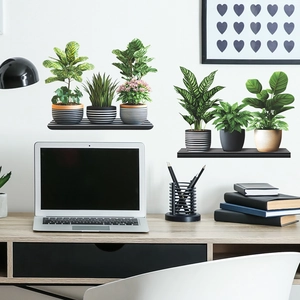 Modern potted green plants wall stickers with black and white striped shelves decoration