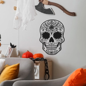 Halloween sugar skull wall sticker with floral patterns for spooky home decor