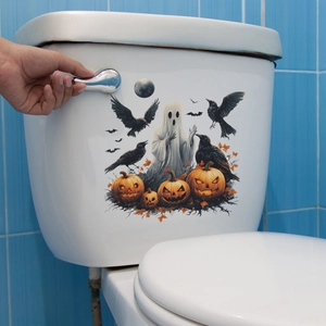 Halloween toilet lid decals featuring ghost, pumpkin, and crow on a white bathroom tank