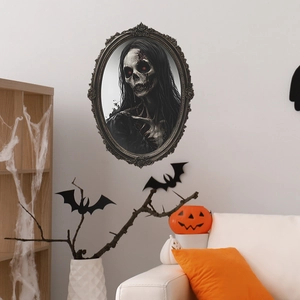 Gothic Halloween wall sticker featuring a ghostly skeleton lady in a vintage oval frame
