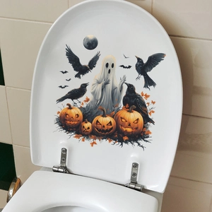 Halloween toilet seat lid sticker featuring ghosts pumpkins and crows for bathroom decoration