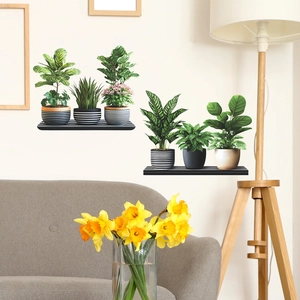 Modern potted green plant wall stickers with 3D shelving design for living room decor