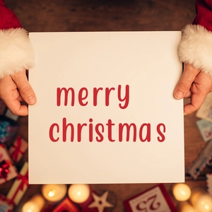 Festive Merry Christmas square card held in hands over a rustic wooden holiday desk