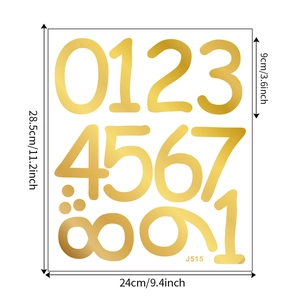 Detailed size chart for golden numbered wall stickers showing a height of 9cm for DIY decor