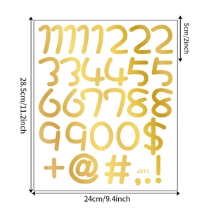 Detail view of gold metallic number and symbol stickers with 5cm height dimensions
