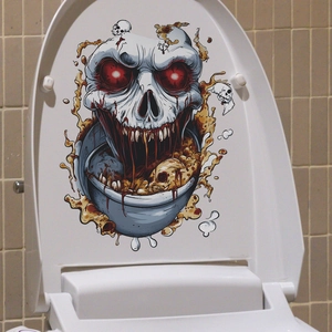 Creepy Halloween skull toilet seat sticker with glowing red eyes and blood details