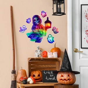 Adesivi per finestre Halloween olografici con mietitore colorato e piccoli fantasmi