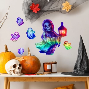 Adesivi murali olografici laser con fantasmi e tristo mietitore per decorazioni festive