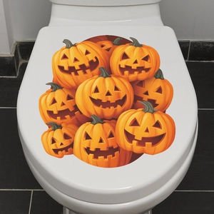Halloween toilet seat sticker with vibrant stacked pumpkin jack-o'-lantern decorations
