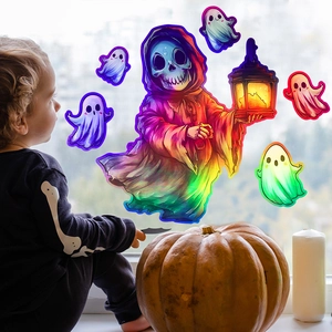 Adesivi Murali Olografici Laser di Halloween Fantasma Teschio Decalcomanie in PVC Arcobaleno per Decorazione Casa