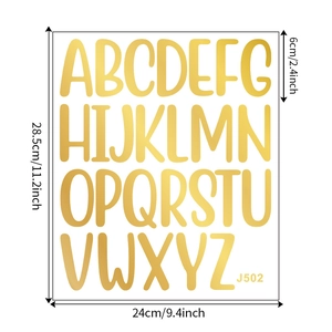 Detailed view of 6cm golden letter stickers with full A-Z alphabet and dimension markings