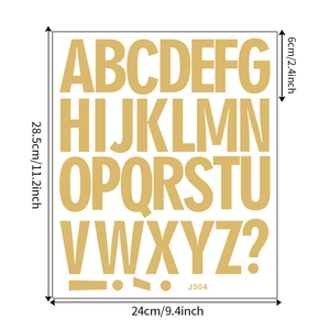 Detailed view of matte gold uppercase A-Z alphabet wall stickers with size dimensions