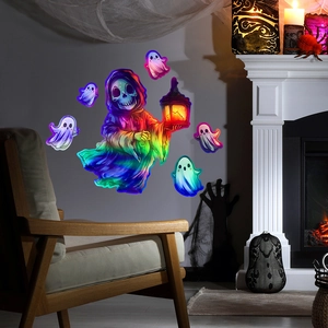 Adesivi di Halloween con tristo mietitore olografico e fantasmi colorati per decorazione casa