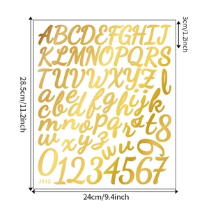 Detailed view of gold alphabet and number stickers set with 1.2-inch character height