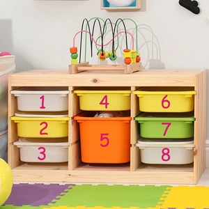 Kids wooden toy storage organizer with 8 colorful bins for bedroom and playroom decor