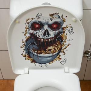 Halloween zombie skull toilet lid decal with glowing red eyes and bloody splash effects