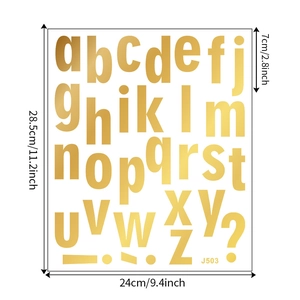 Size specifications for gold mirror alphabet stickers measuring 24x28.5cm total sheet
