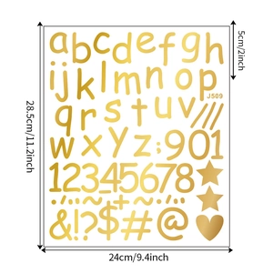 Close-up of golden alphabet and number sticker sheet for DIY home decoration crafts