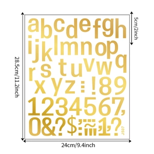 Detailed size chart for golden metallic alphabet and number stickers set for DIY crafts